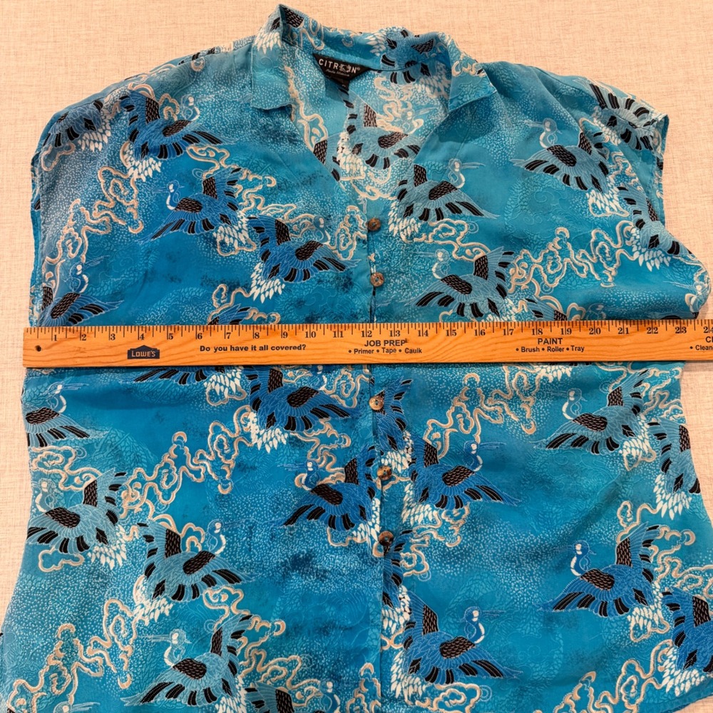 Citron Santa Monica 100% Silk Crane Print Blouse Blue Sleeveless Top Plus 1X - Picture 4 of 9